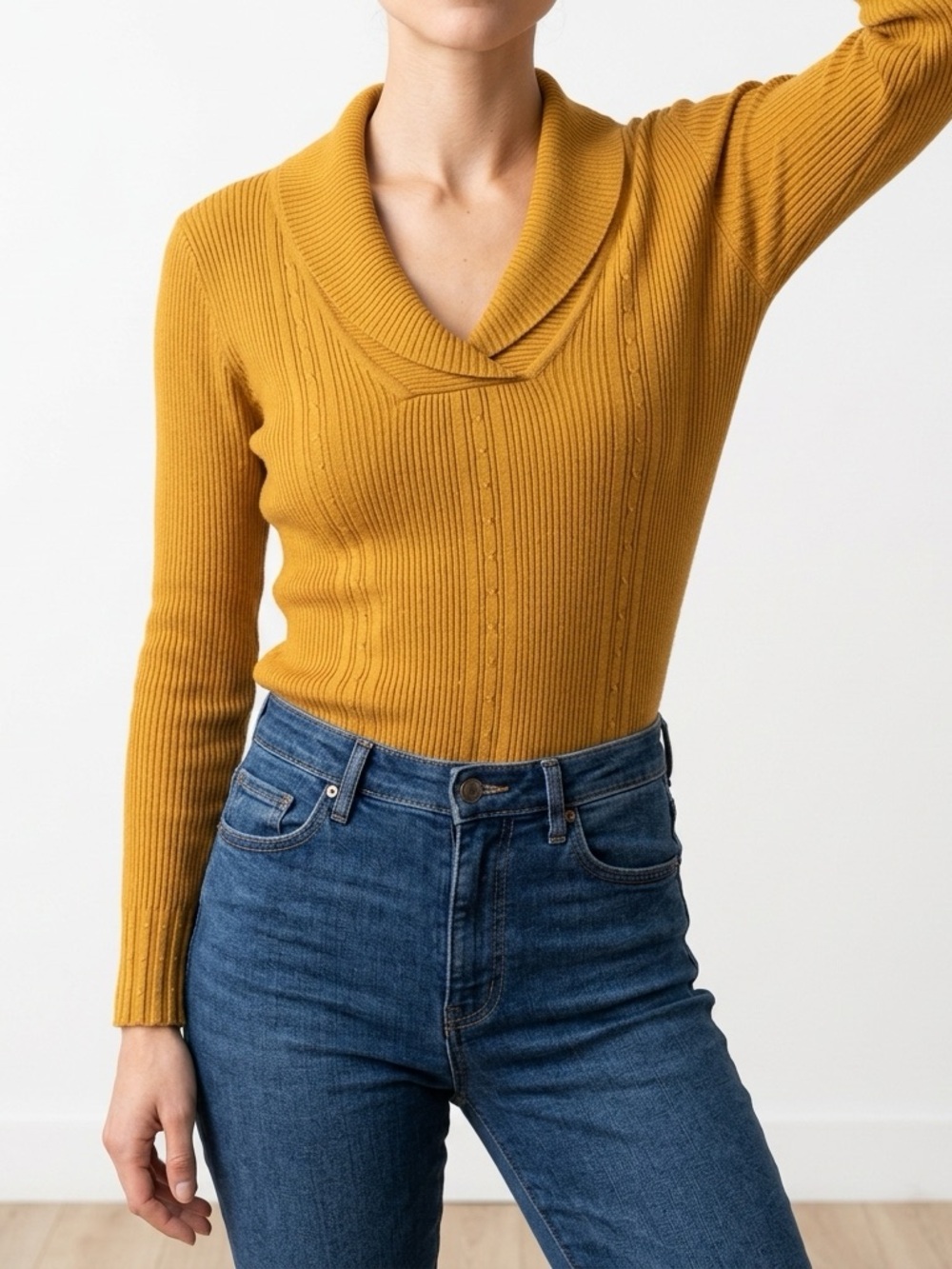 Suzy Shier Mustard Shawl Collar Sweater Large Stretchy